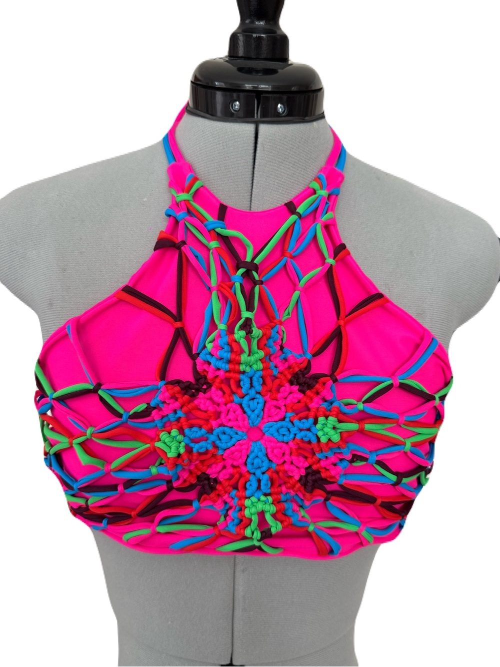Beach Riot Neon Pink Multicolor Crochet Macramé Halter Bikini Top M